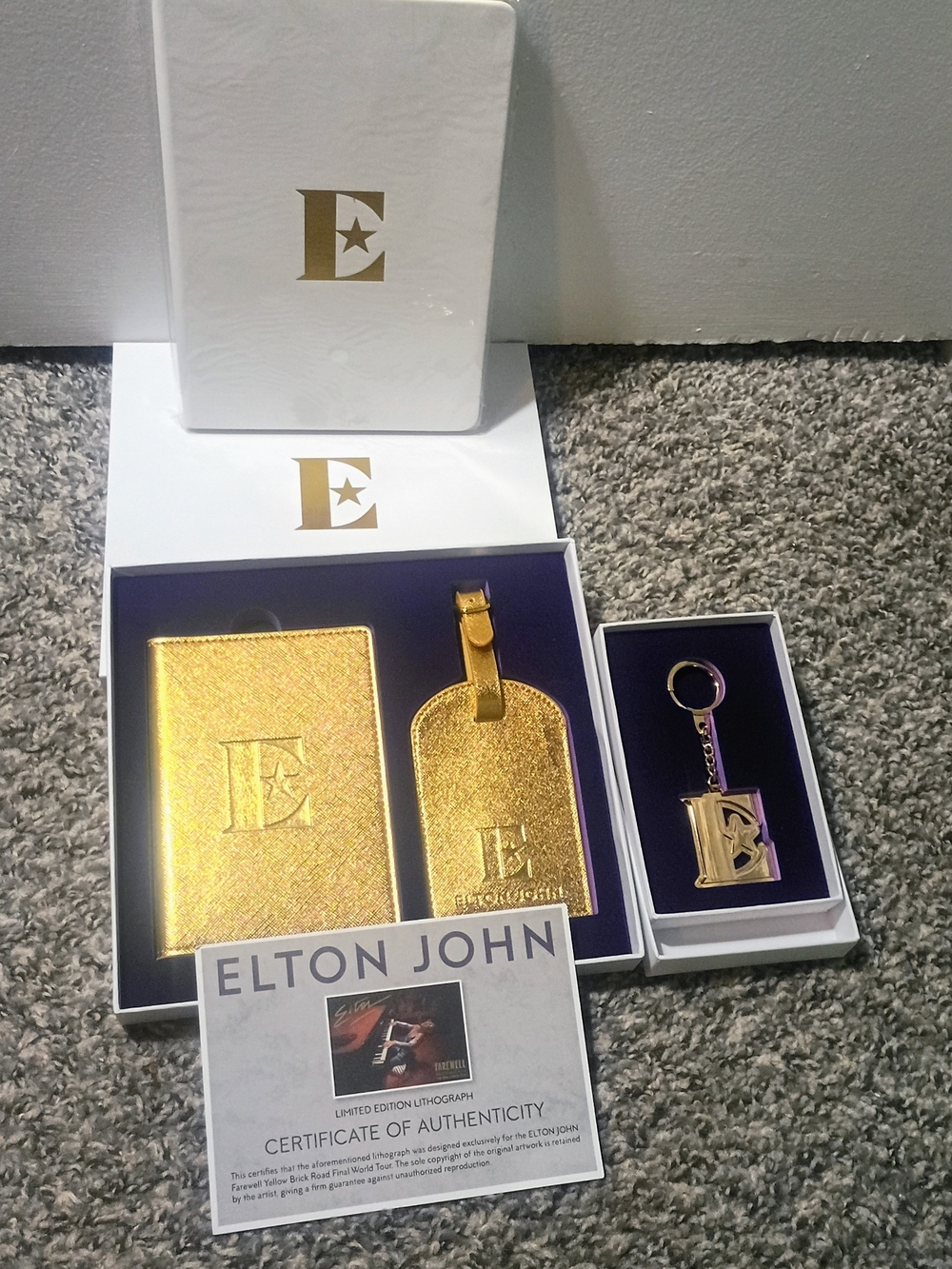 Elton John Metallic Gold Passport Holder, Luggage Tag & Keychain Set